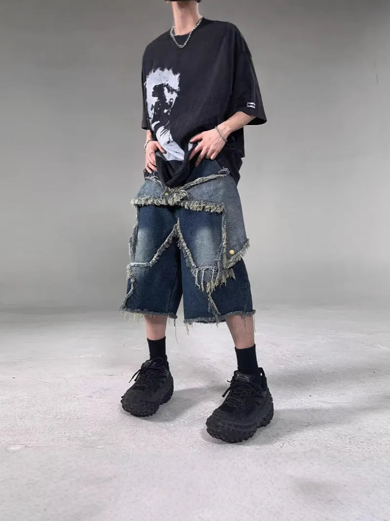 Blue cotton denim shorts with frayed edges and five-pointed star embroidery, loose fit design for men