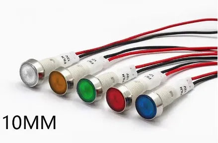 10mm diameter metal indicator light with stainless steel edge, shown in multiple colours.