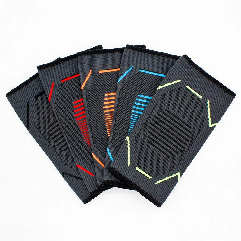 Multi-sport elbow pads in black stripes on gray background for fitness, running, cycling, basketball, and badminton
