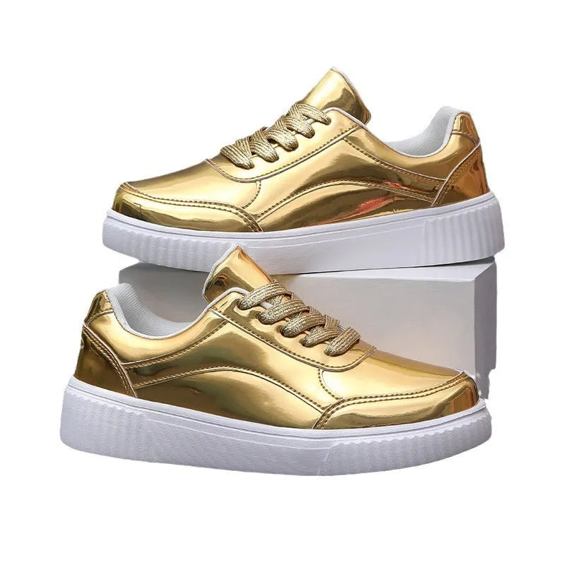 Sequin platform sneakers with thick sole in rose gold colour showing round toe and decorative stitching