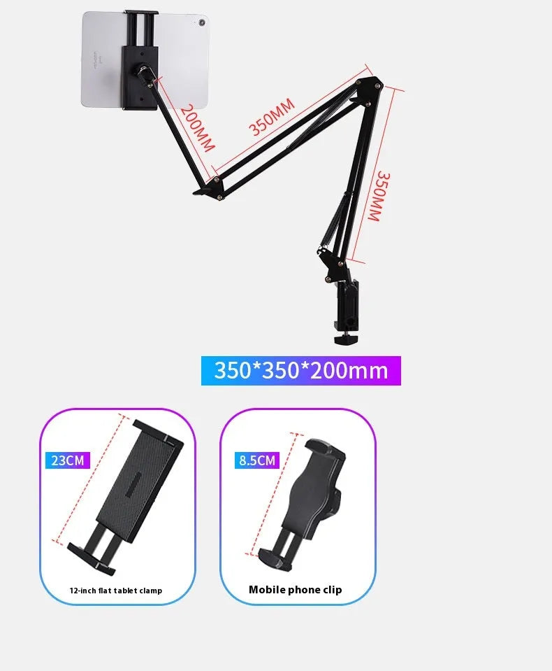 Black foldable metal desktop cantilever bracket with tablet clip extended in adjustable position