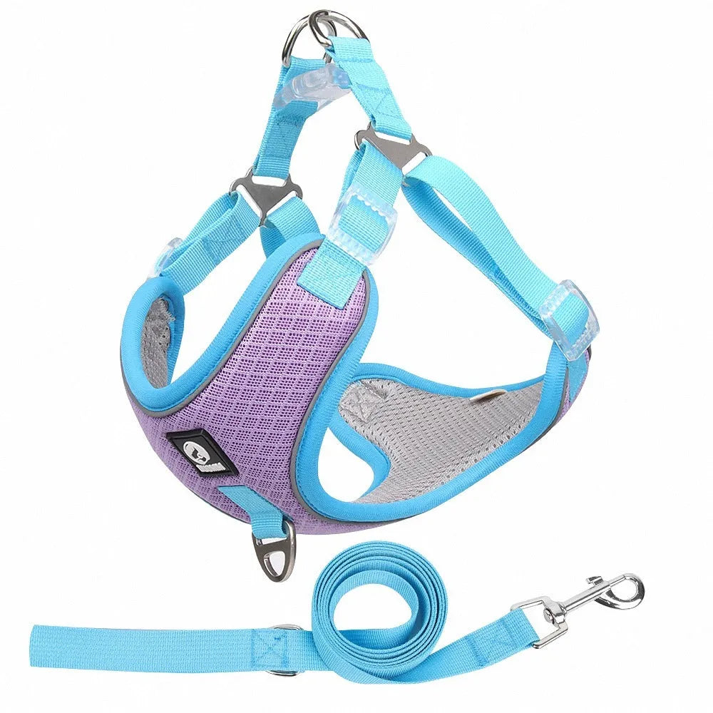Adjustable dog harness in light purple colour with reflective piping and breathable mesh fabric